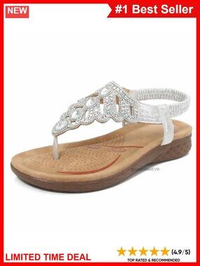 Women's Rhinestone Thong Flat Sandals with Arch Support Faux Leather